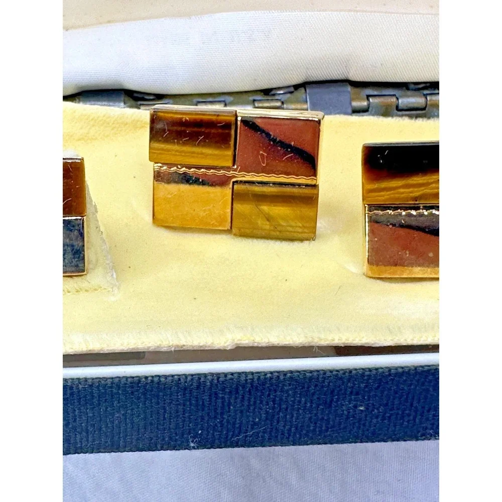 Anson Cufflinks Tie Tack Set Tigers Eye Gold Tone Brown Rectangle Boxed VTG